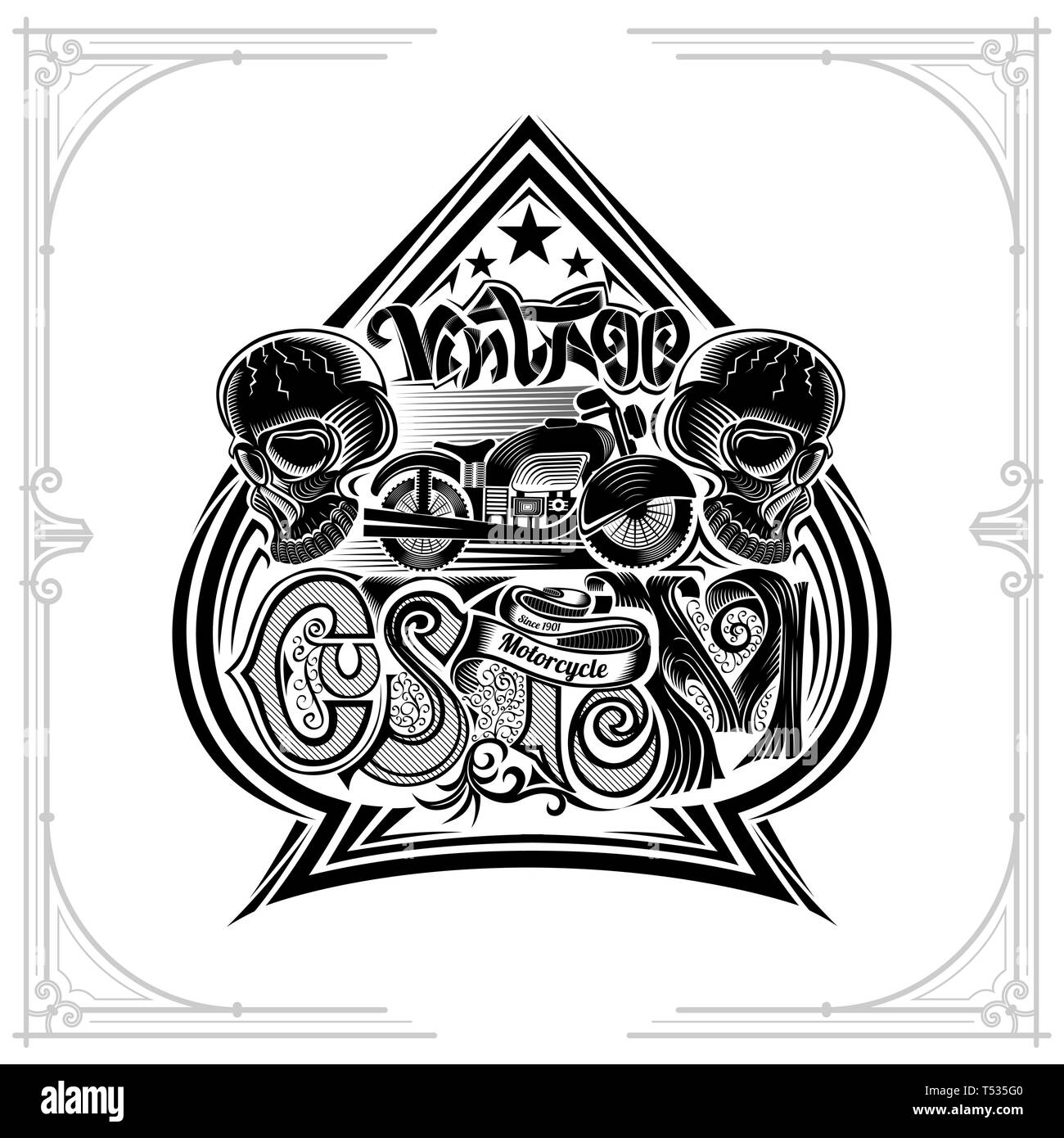 Motorrad zwischen zwei Schädel und Beschriftung benutzerdefinierten innen Ace of Spades bilden. Oldtimer Motorrad design Karten oder t-t-shirt Element schwarz auf whit Stock Vektor