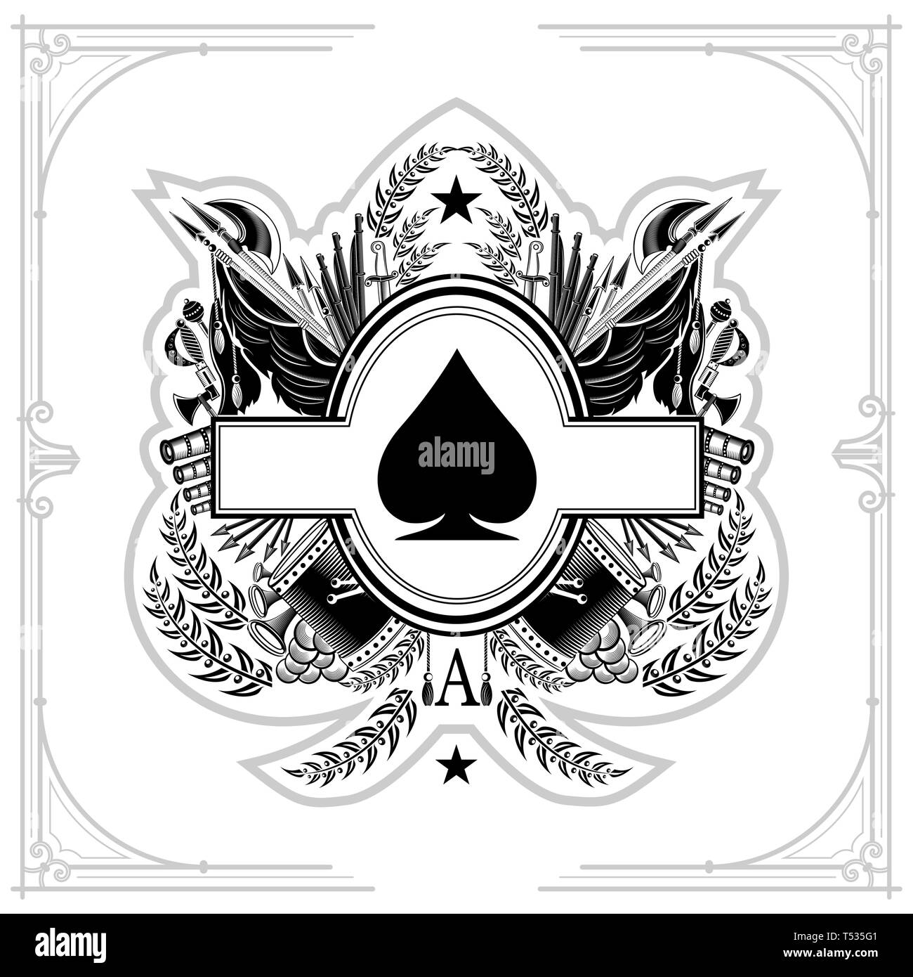 Ovaler Rahmen in der Mitte des Vintage Waffen und militärische Elemente innerhalb von Ace of Spades bilden. Militärische design Playing Card Element, schwarz auf weiß Stock Vektor