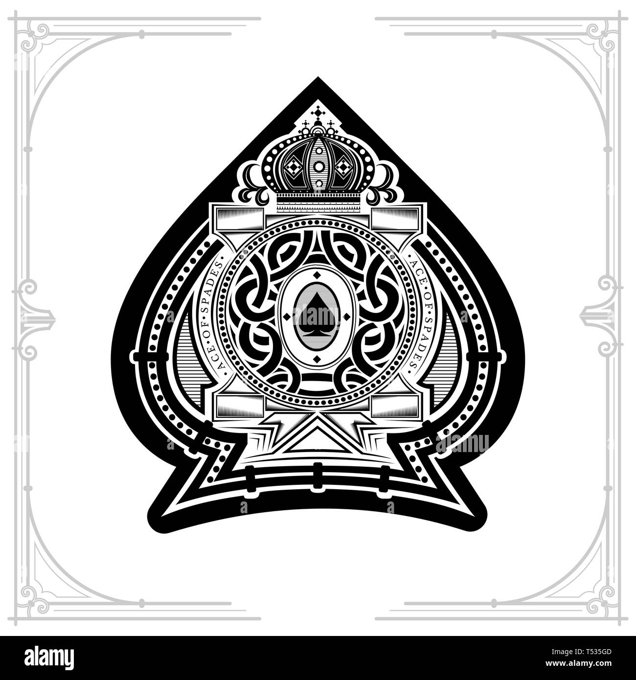 Runde Muster Schild mit Krone und Vintage Elemente innerhalb Ace of Spades bilden. Marine design Playing Card Element, schwarz auf weiß Stock Vektor