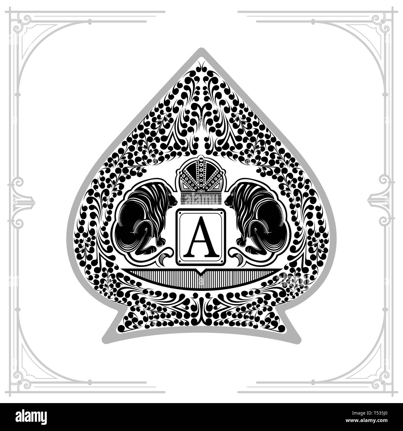 Zwei Löwen mit Krone in der Mitte der Blumen Muster innen Ace of Spades bilden. Marine design Playing Card Element, schwarz auf weiß Stock Vektor
