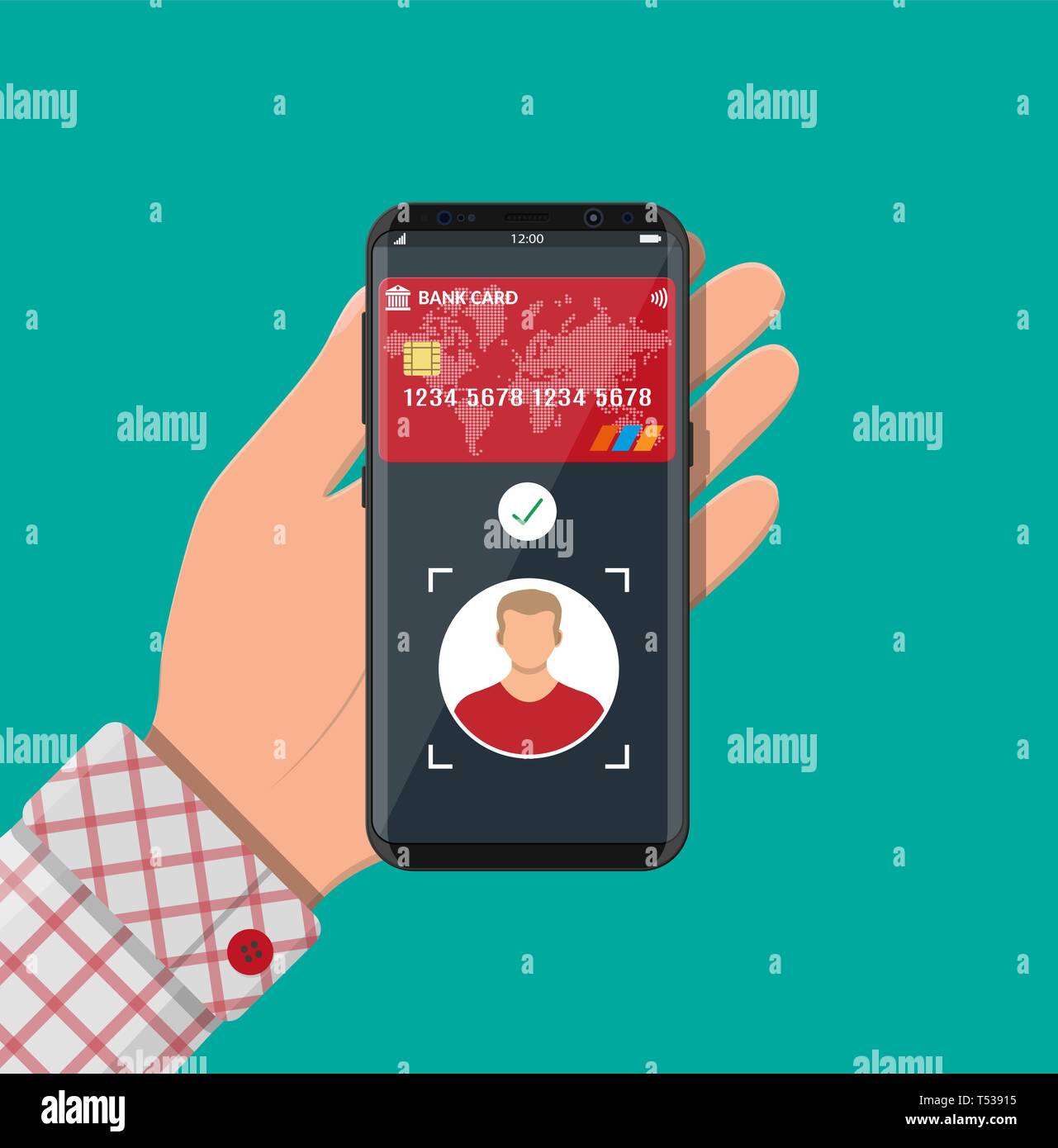 Mit der Zahlung app mit Gesichtserkennung und Identifikation in der hand Smartphone. Die biometrische Identifikation Gesicht-Id. Drahtlose kontaktlose oder bargeldlose Zahlg. Stock Vektor