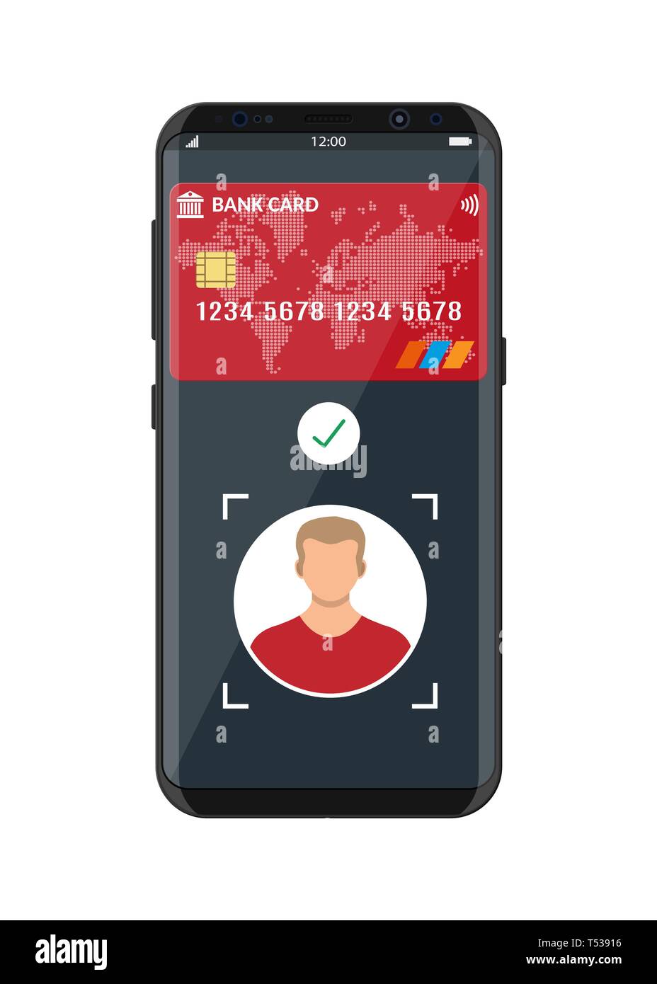 Mit Zahlung mit Gesichtserkennung und Identifizierung app Smartphone. Die biometrische Identifikation Gesicht-Id. Drahtlose kontaktlose oder bargeldloser Zahlungsverkehr, Rf Stock Vektor