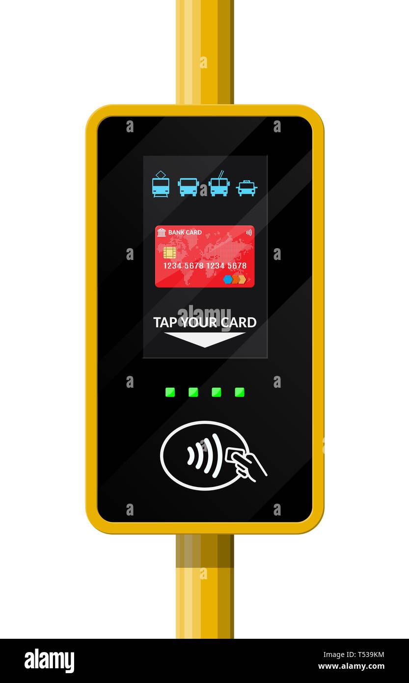 Terminal für die Personenbeförderung Karte. Flughafen, U-Bahn, Bus, U-Bahn Ticket Terminal Validator. Wireless, kontaktlose oder bargeldloser Zahlungsverkehr, rfid nfc. Ve Stock Vektor