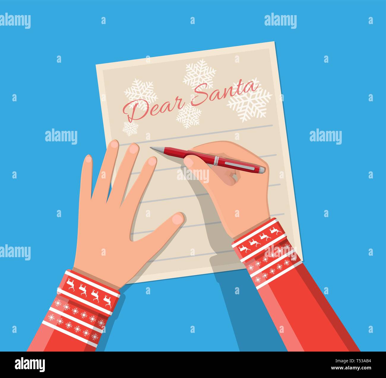 Kind Hand mit Stift schreiben Brief an Santa Claus. Urlaub Merkzettel.  Weihnachten Silvester Weihnachten Urlaub. Vector Illustration Flat Style  Stock-Vektorgrafik - Alamy