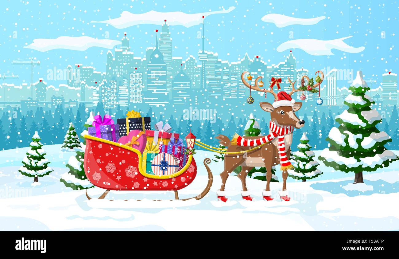 Santas Rentiere Schlittenfahrt mit Geschenken. Weihnachten Winter  Stadtbild, Schneeflocken und Bäumen. Frohes neues Jahr Dekoration. Frohe  Weihnachten Urlaub. Neues Jahr und Stock-Vektorgrafik - Alamy