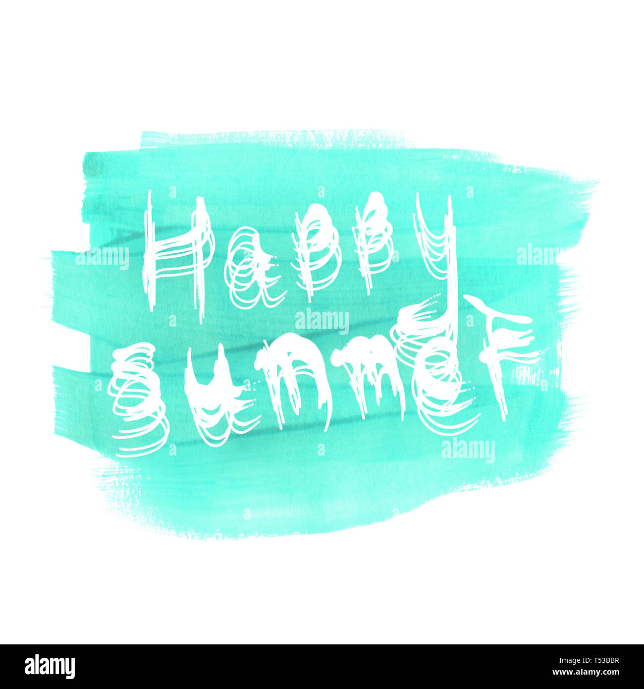 Inschrift Happy Sommer auf einem grünen Hintergrund. Von Hand gemalt in Aquarell. Die Textur der Bürste. Mint Fleck. Der Text ist von Hand geschrieben. Stockfoto