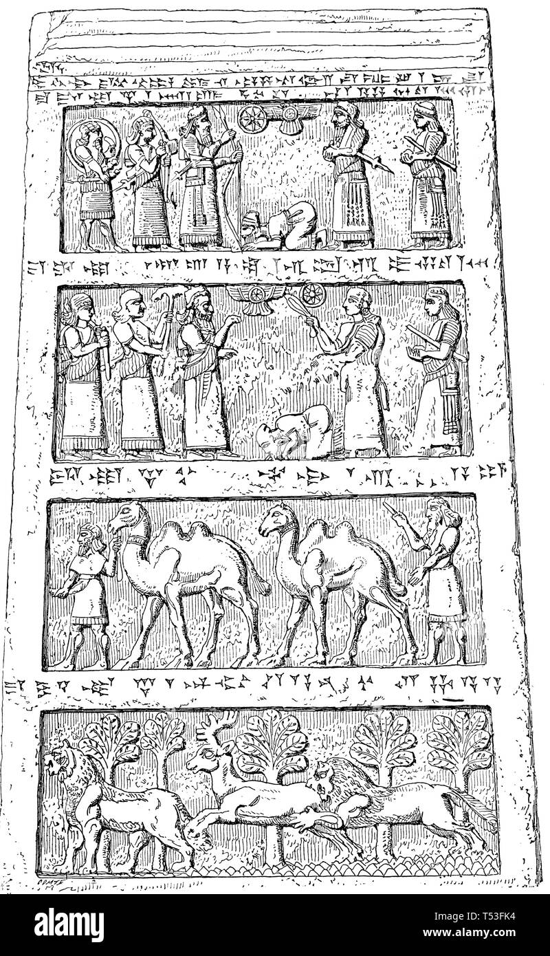 Die eine Seite der schwarze Obelisk von Salamanassar (die Geschenke, die fünf Nationen zu den Königen Angebot): Menschen, Tribute und ungewöhnliche Tiere), Stockfoto