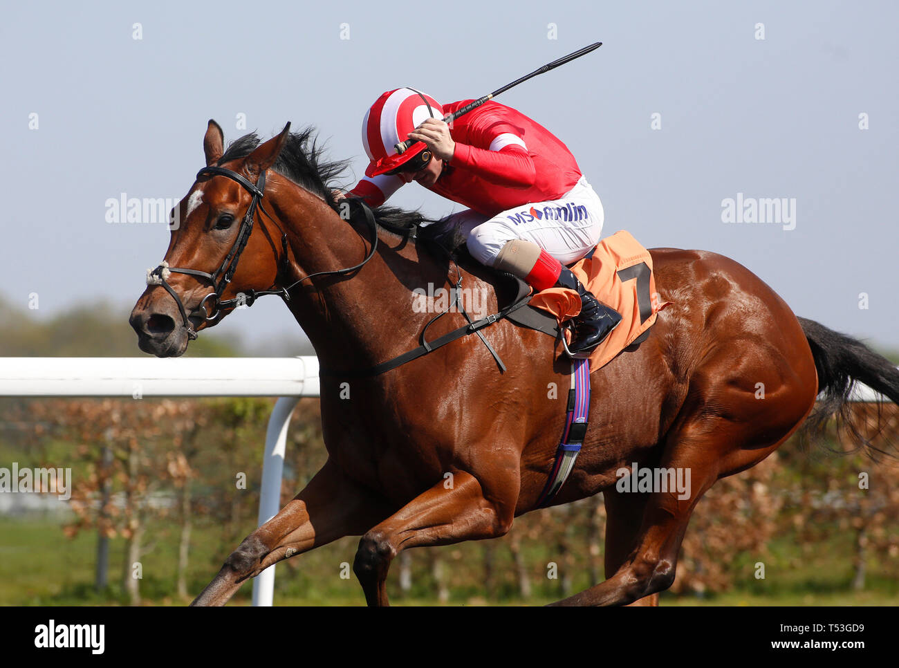 El Gumryah geritten von Andrea Atzeni führen das Feld home Die Racing TV FilliesÕ Bedingungen Stakes Rennen in Kempton Park Racecourse run zu gewinnen. Stockfoto