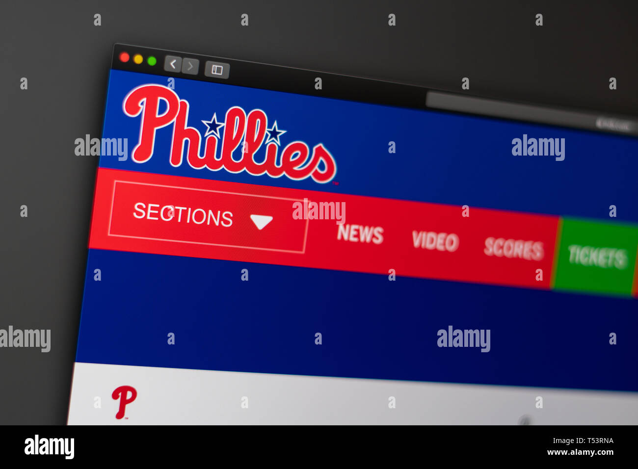 Baseball Team Philadelphia Phillies Homepage. Nahaufnahme von Team Logo. Kann als illustrative für Medien oder andere Websites eingesetzt werden. Stockfoto
