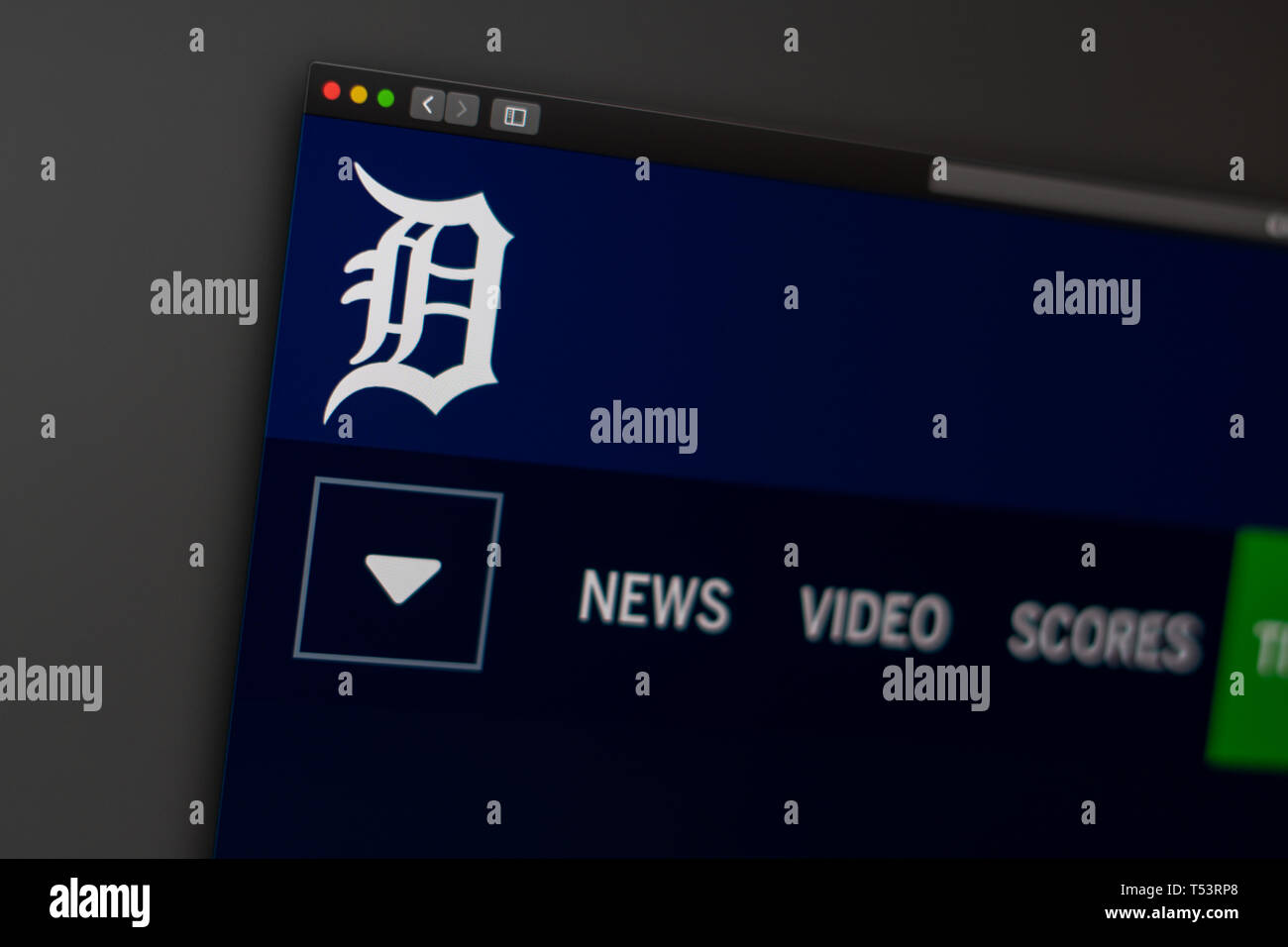 Baseball Team Detroit Tiger Homepage. Nahaufnahme von Team Logo. Kann als illustrative für Medien oder andere Websites eingesetzt werden. Stockfoto