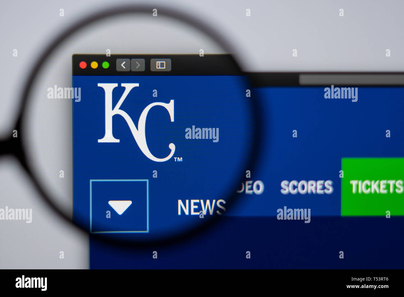 Baseball Team Kansas City Royals Homepage. Nahaufnahme von Team Logo. Kann als illustrative für Medien oder andere Websites eingesetzt werden. Stockfoto