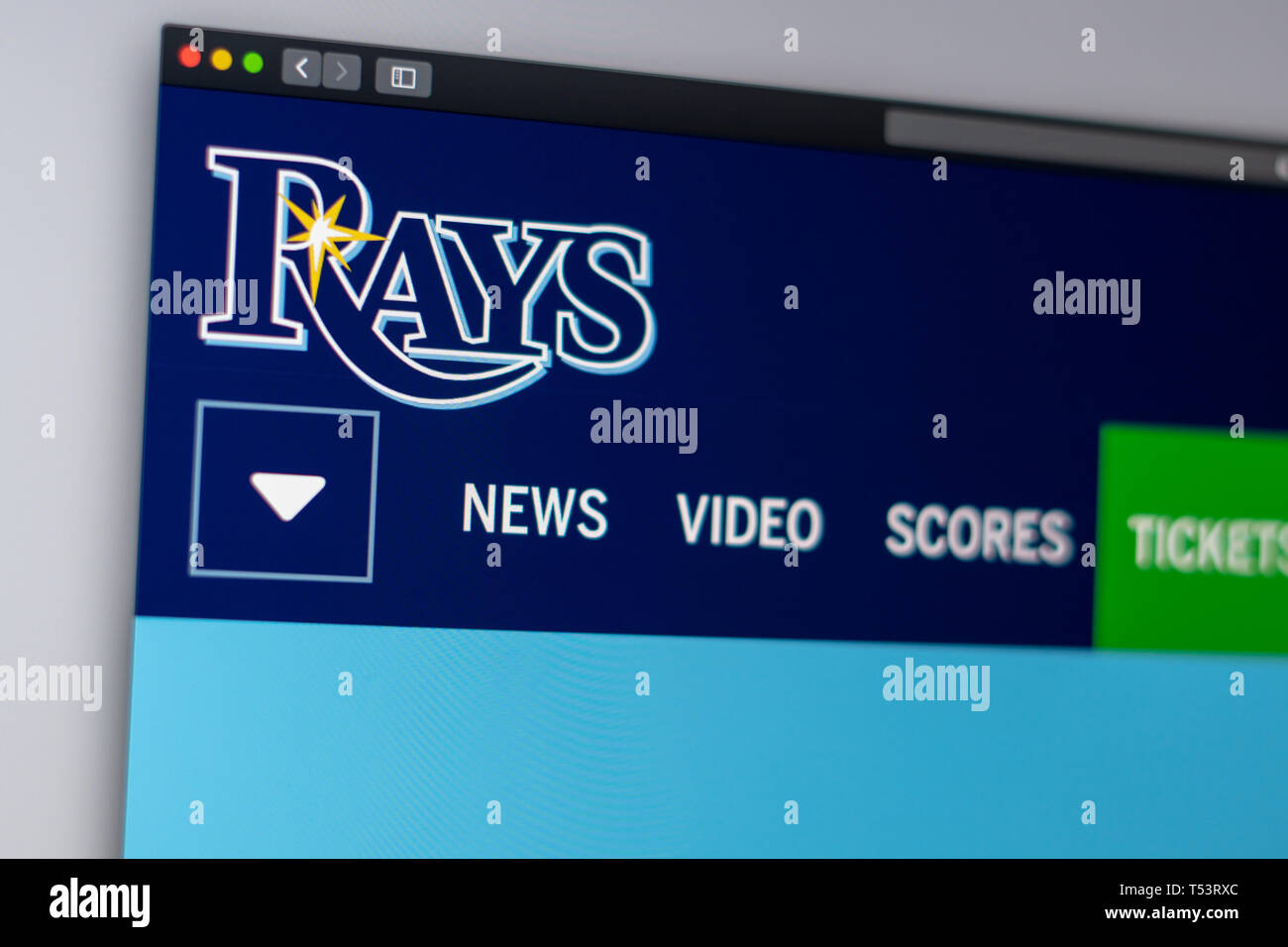Baseball Team Tampa Bay Rays Homepage. Nahaufnahme von Team Logo. Kann als illustrative für Medien oder andere Websites eingesetzt werden. Stockfoto