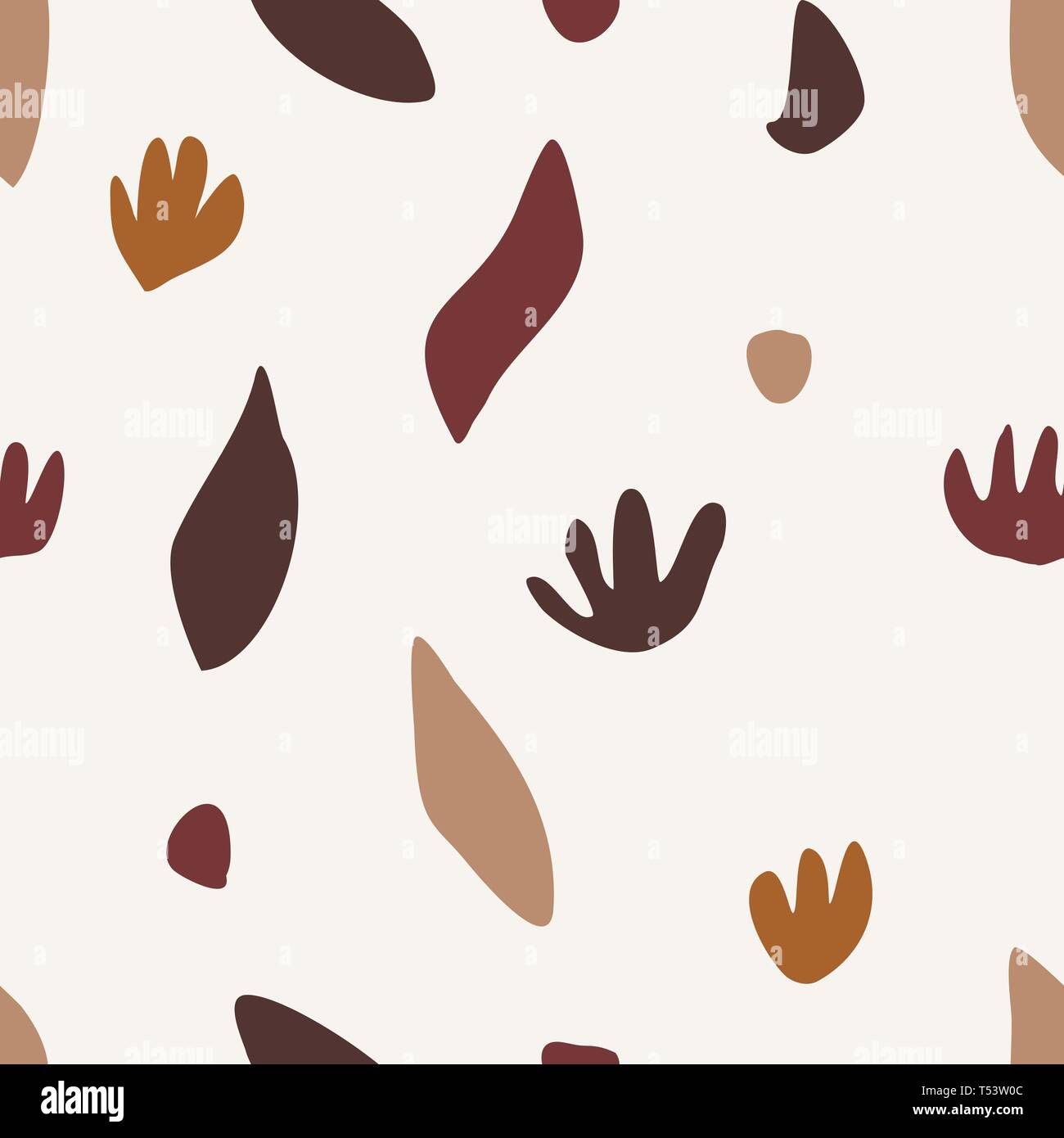 Nahtlose, sich wiederholendes Muster mit abstrakten Formen und floralen Elementen in Braun, orange und beige auf weißem Hintergrund. Verspielt und modernen Co Stock Vektor