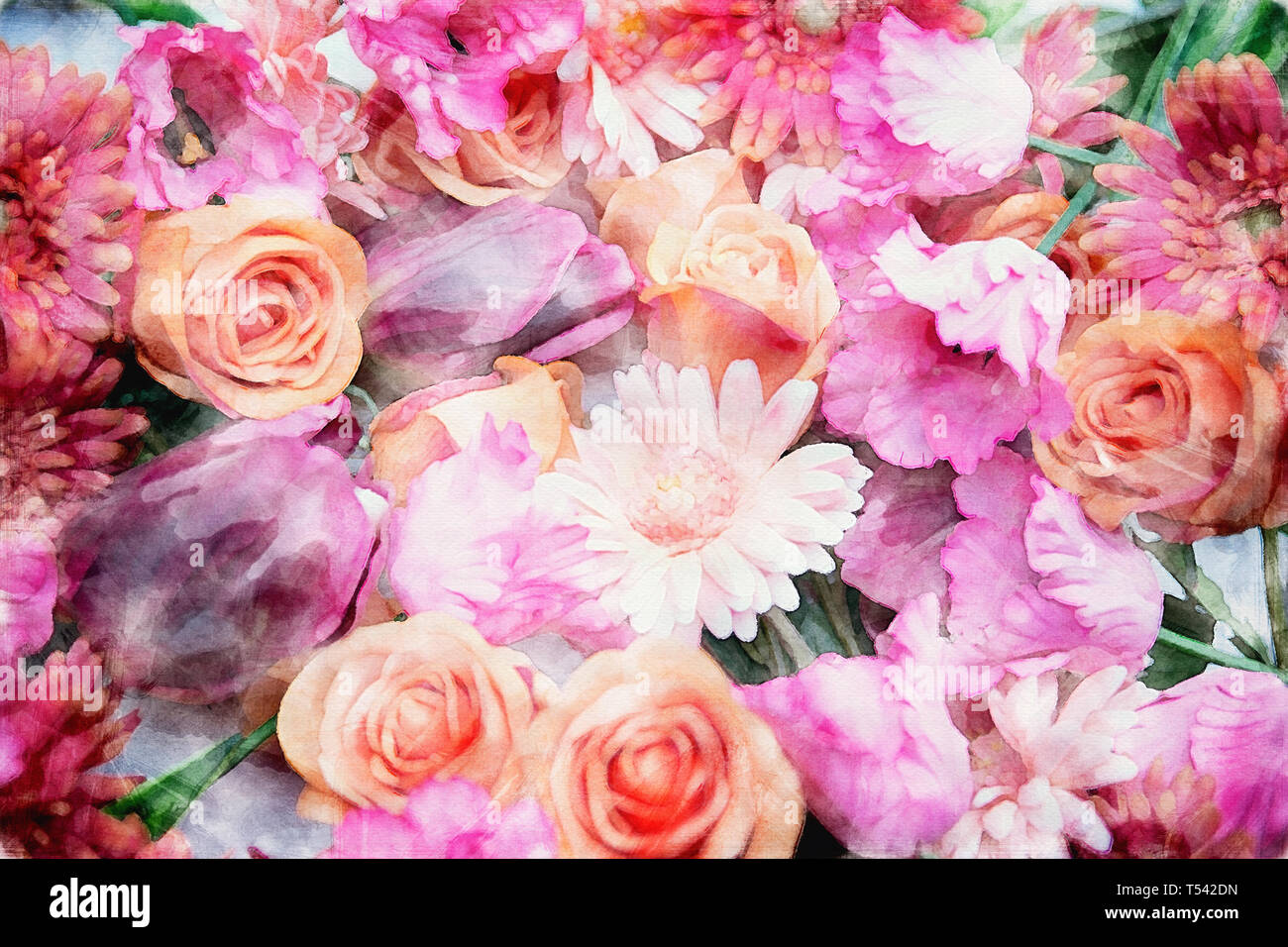 Schöne Mischung Blumen mit Tulpen, Rosen und Gänseblümchen in Aquarell Stockfoto