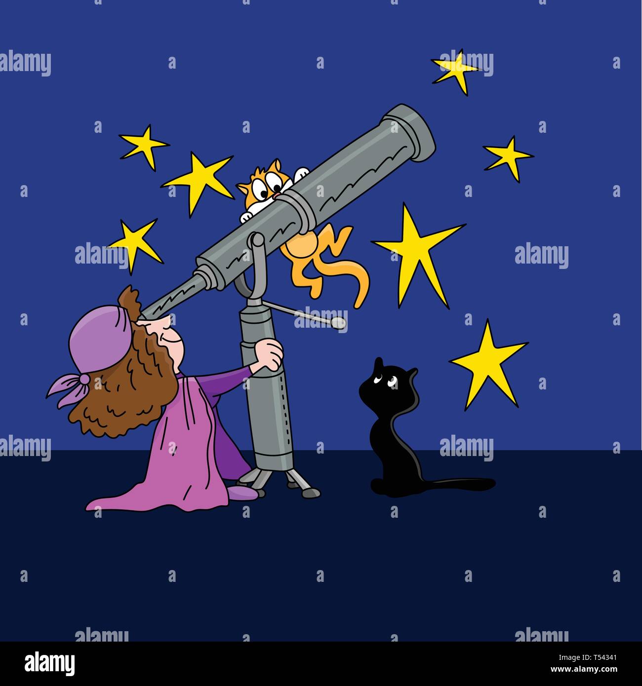 Cartoon Astrologin am Stern Positionen in den Himmel mit einem Teleskop zu Nacht-time Vector Illustration suchen Stock Vektor