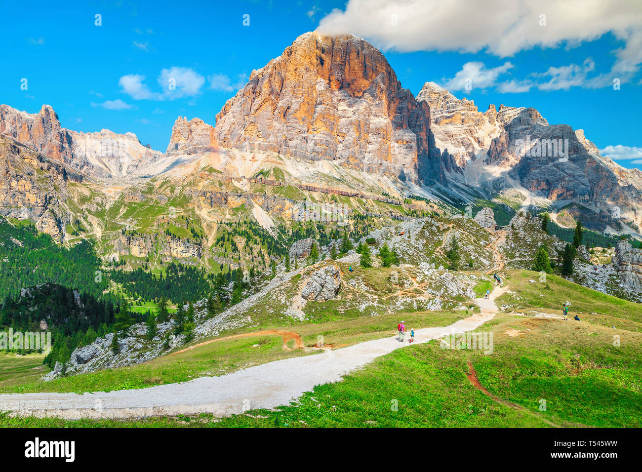 Sportlich gesunden aktiven Gruppe der Wanderer mit bunten Rucksäcken zu Fuß auf den Berg trail, in der Nähe von Cortina d Ampezzo, Dolomiten, Italien, Europa Stockfoto