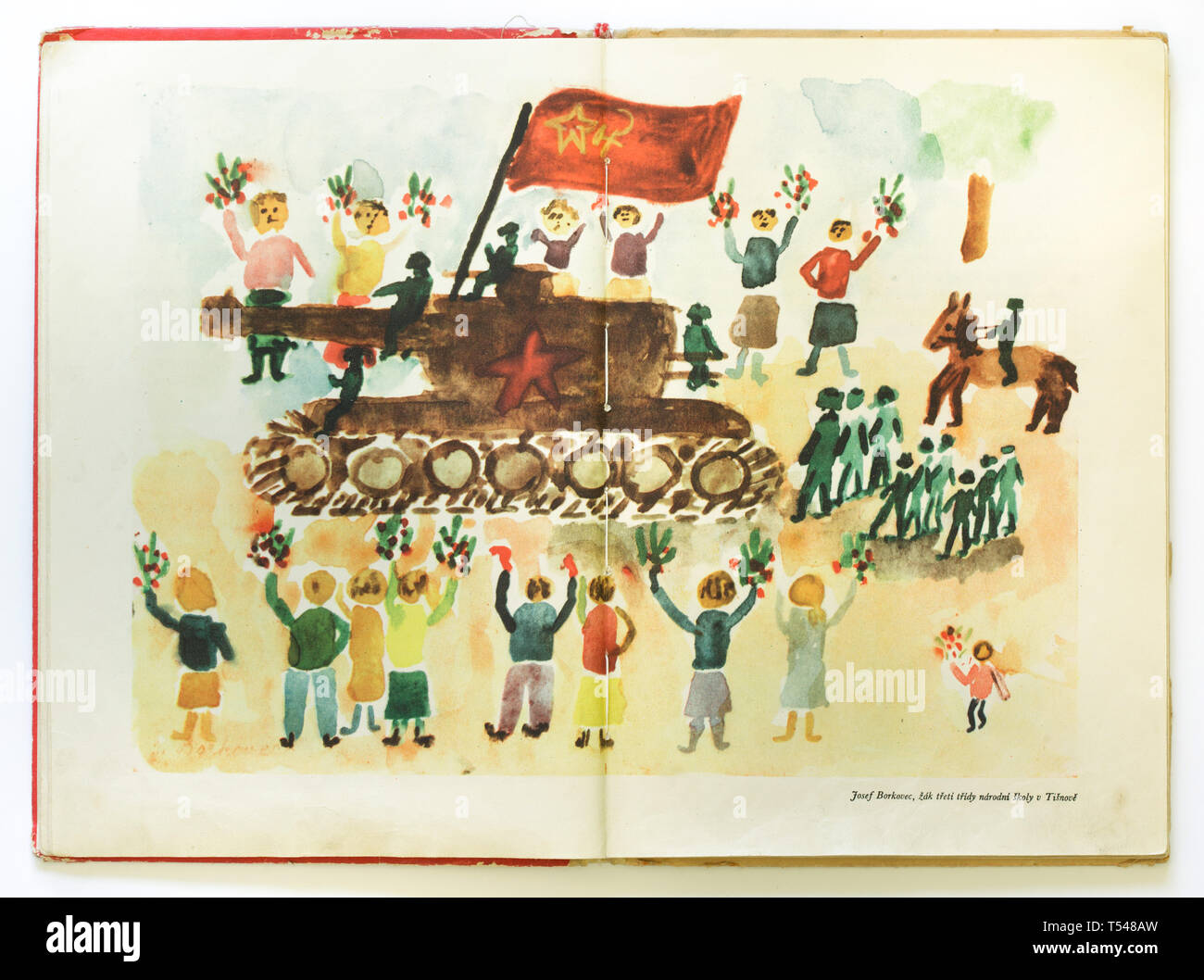 Befreiung der Tschechoslowakei durch die Rote Armee 1945 in der Zeichnung des Kindes durch die 3. Klasse Junge Josef Borkovec von der Stadt Tišnov in Südmähren, der Tschechoslowakei dargestellt, der in der Tschechoslowakischen Buch 'Wie die Rote Armee befreit hat mich' (Jak mě osvododíla Rudá Armada") aus dem Jahr 1953 datierte veröffentlicht. Stockfoto