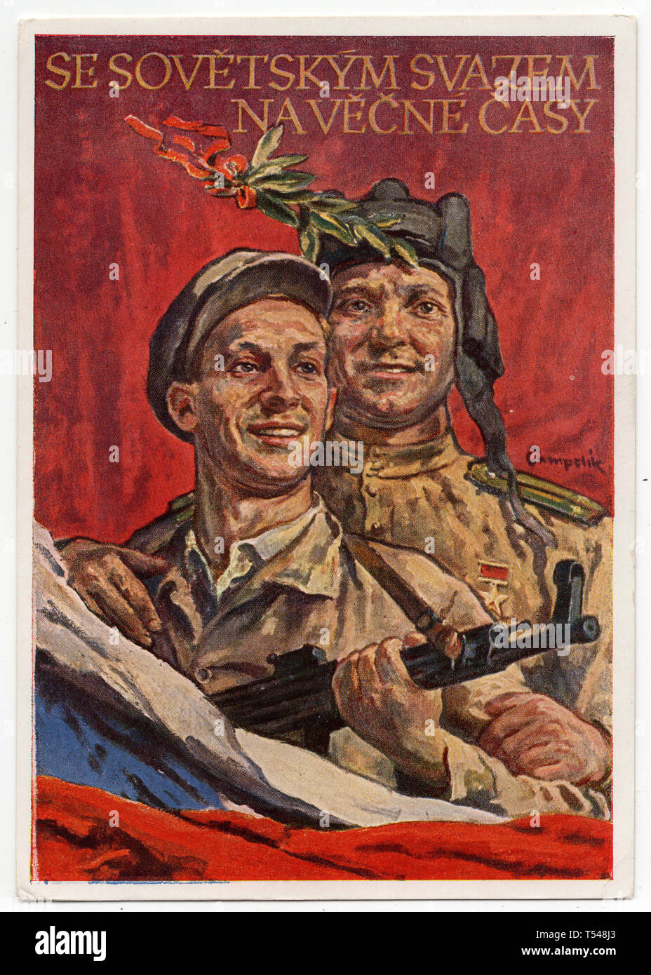 Tschechoslowakische und Soldaten der Roten Armee zusammen in der Tschechoslowakischen Ansichtskarte mit dem Titel "Für Immer dargestellt mit der Sowjetunion' ('Se Sovětským Svazem na věčné časy') von tschechischen Künstler Jan Čumpelík 1950 ausgestellt. Mit freundlicher Genehmigung des Azoor Postkarte Sammlung. Stockfoto
