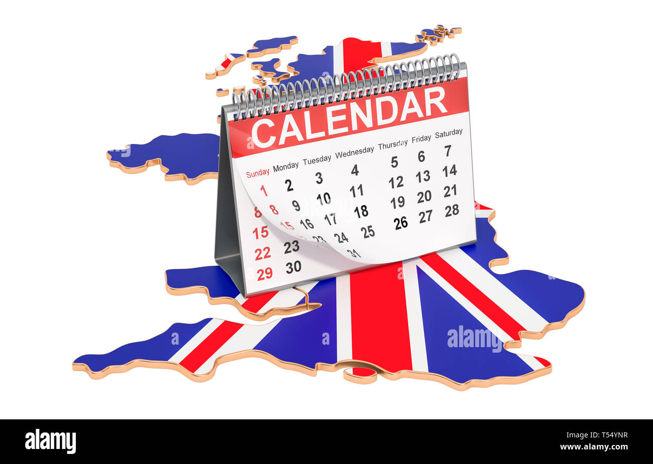 Schreibtisch Kalender auf der Karte des Vereinigten Königreichs. 3D-Rendering auf schwarzem Hintergrund Stockfoto