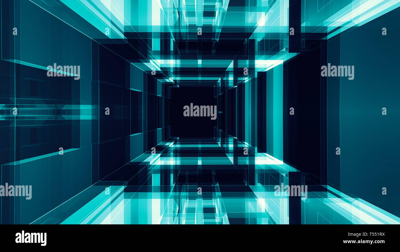 Blaues Leuchten Farbe schwarz transparent Glas abstrakt Hintergrund. 3D-Rendering Stockfoto