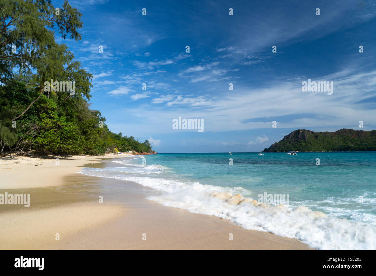 Cote D'Or Strand auf Praslin, Seychellen Stockfoto