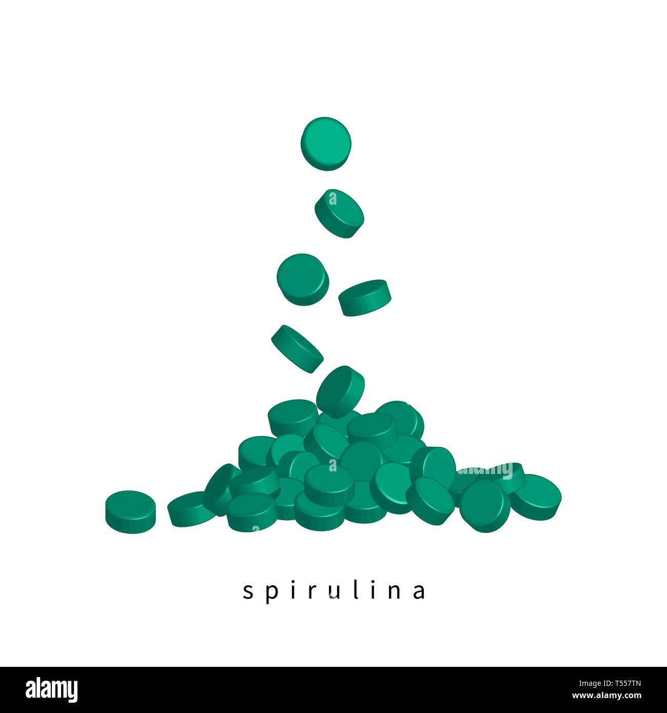 Spirulina Tabletten Algen Nahrungsergänzung. Spirulina, Chlorophyll, oder Chlorella Tabletten. Design Element für Verpackungen. Stock Vektor