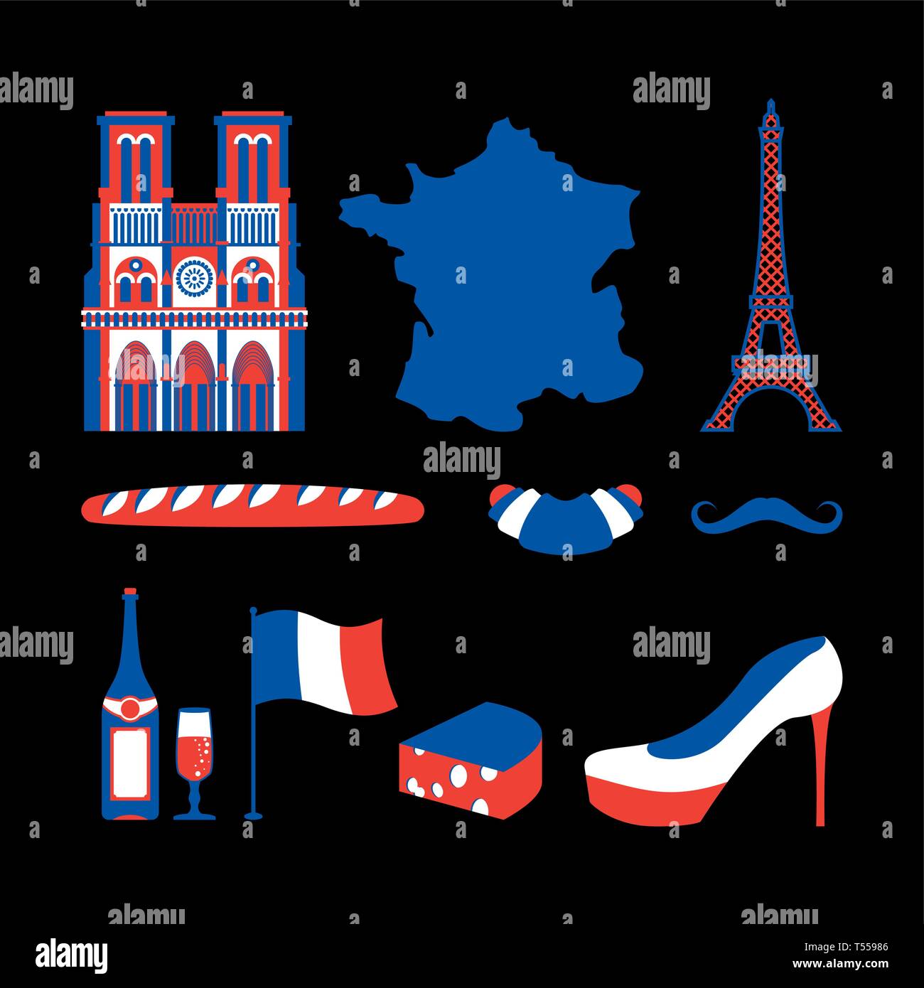 Frankreich Icon Set. Die nationalen französischen unterzeichnen. Eiffelturm und Notre Dame de Paris. Baguette und Wein. Schnurrbart und Croissant Stock Vektor
