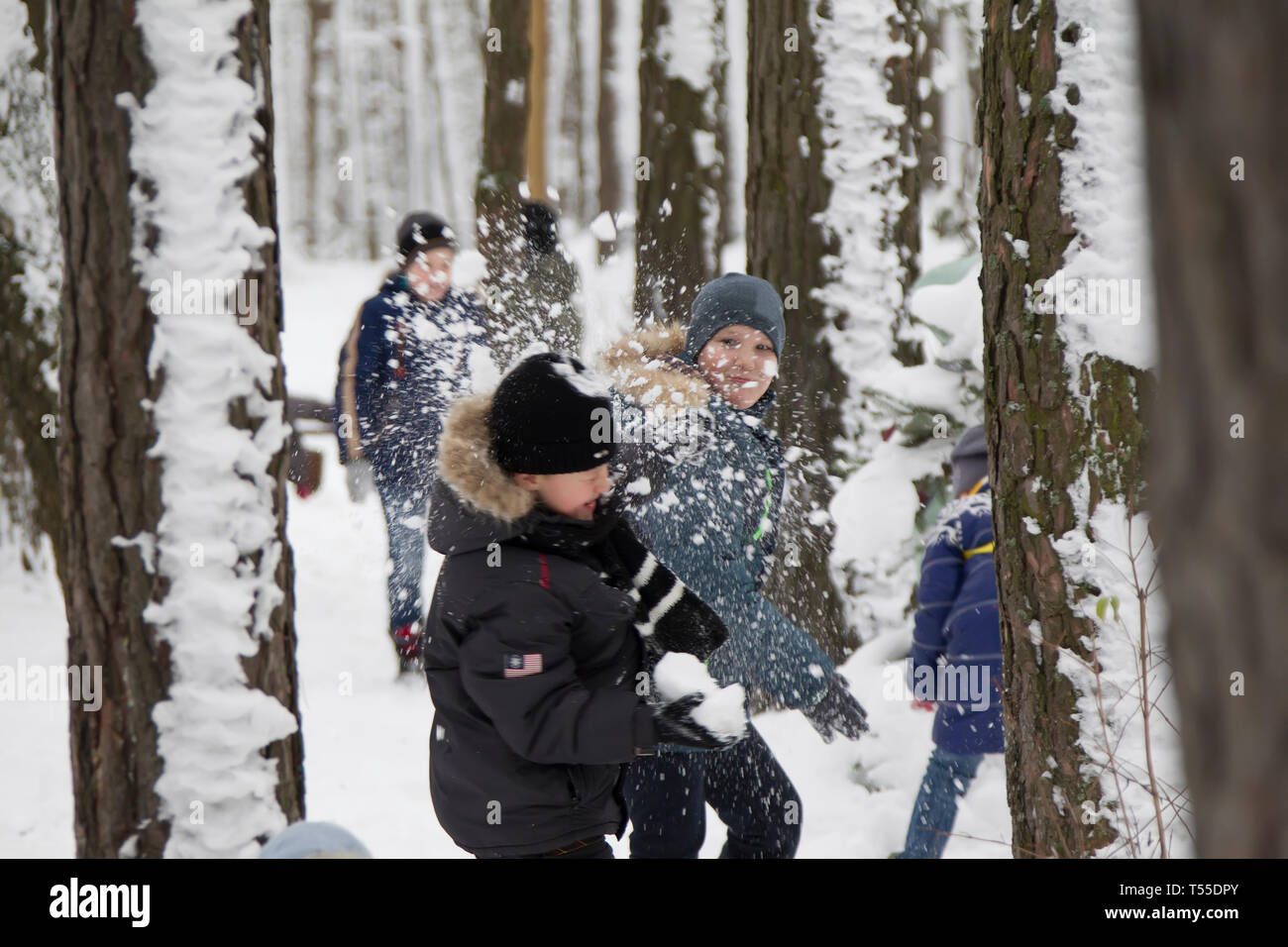 Belarus, die Stadt Gomel, am 23. Dezember, 2017. Forest Village. Der Urlaub von Weihnachten. Die Jungen werfen Schnee an einander. Spielen Schneebälle Stockfoto