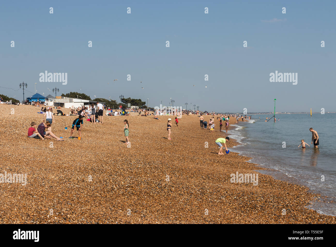Familien genießen den Sonnenschein über der Bank Holiday Wochenende auf der Kiesstrand in Southsea Stockfoto