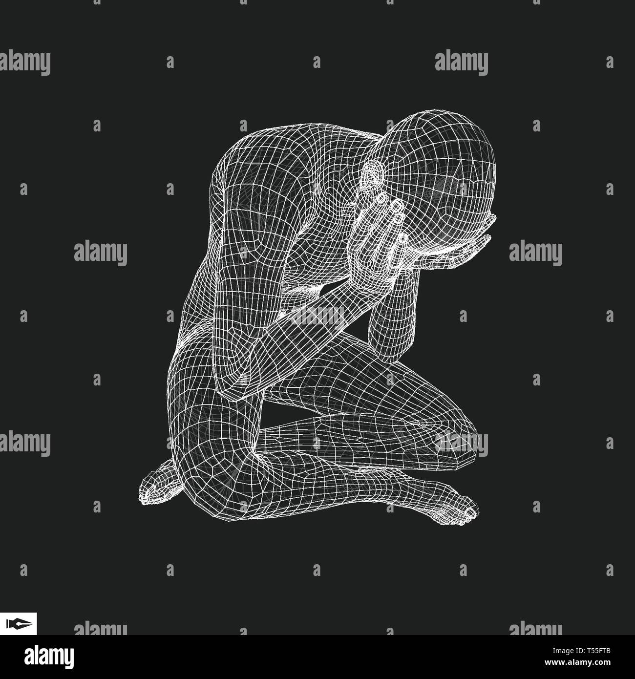 Mann in einem Denker darstellen. 3D-Modell des Menschen. Geometrischen Design. Menschliche Körper Kabel Modell. Wirtschaft, Wissenschaft, Psychologie oder Philosophie Vektor Illustration. Stock Vektor