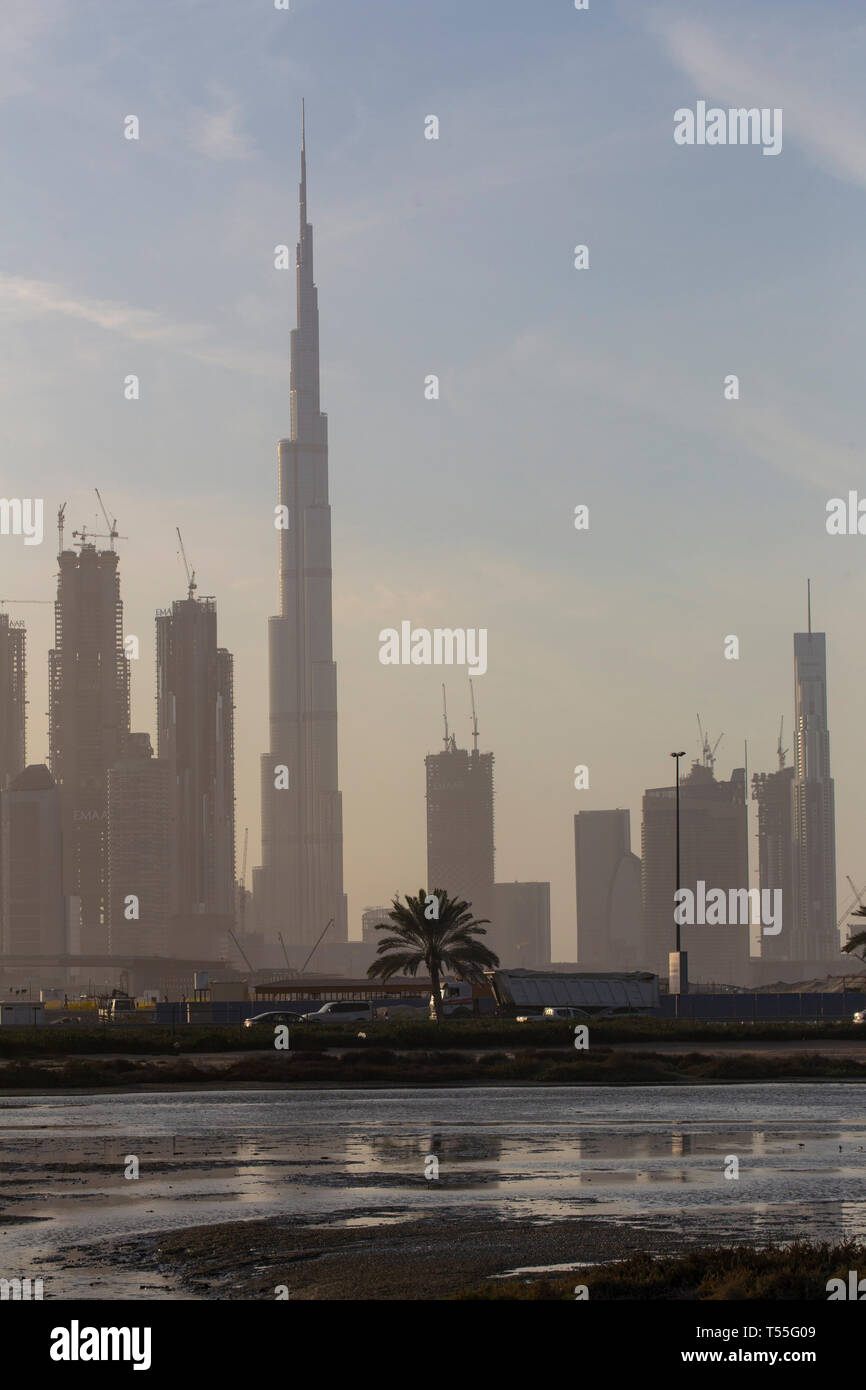 UAE, Dubai, Dubai Creek (Khor Dubai), Ras Al-Khor Wildlife Sanctuary, Flamingo (Phoenicopterus Roseus) und die Skyline der Stadt. Stockfoto