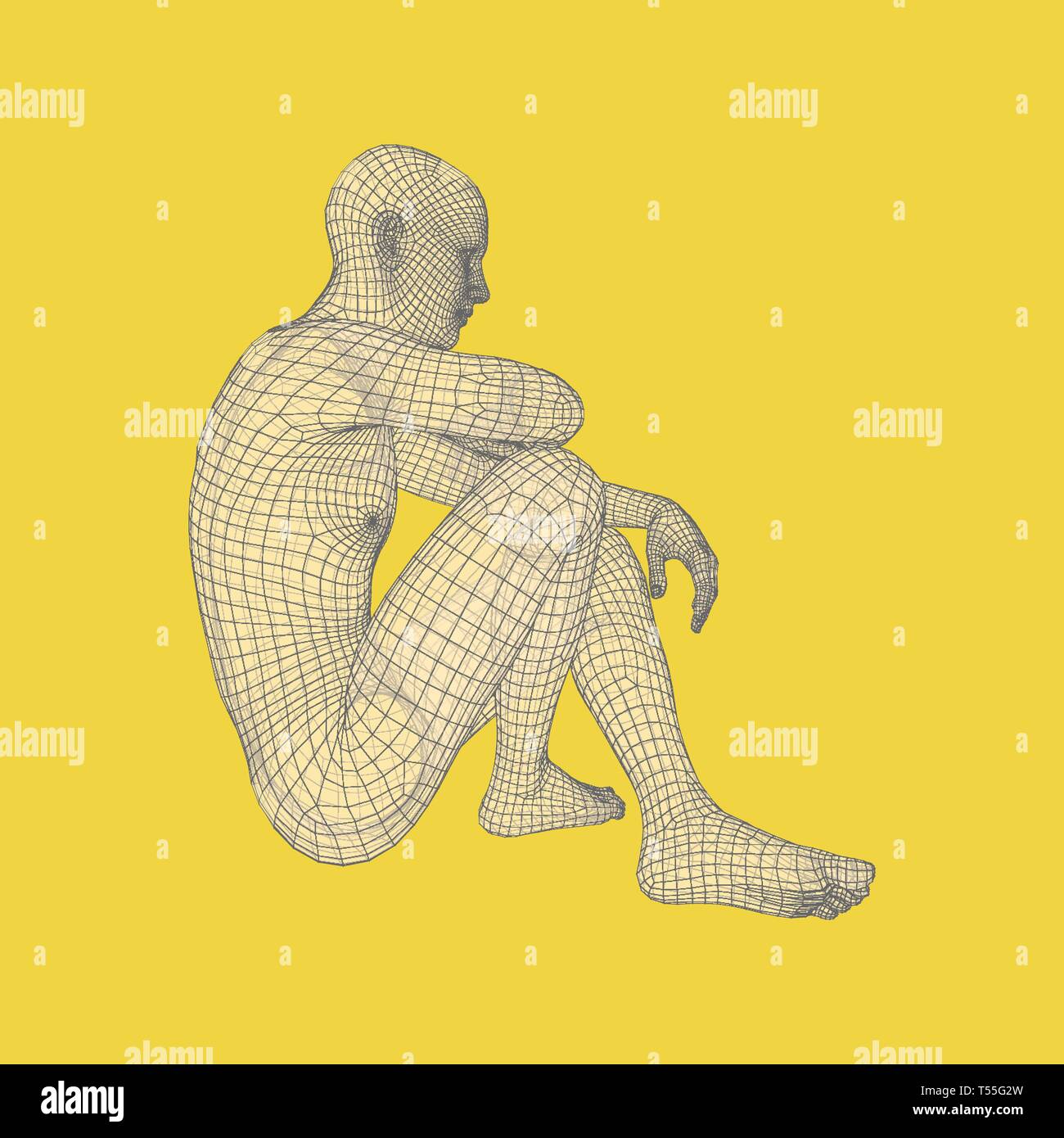 Mann in einem Denker darstellen. 3D-Modell des Menschen. Geometrischen Design. Menschliche Körper Kabel Modell. Wirtschaft, Wissenschaft, Psychologie oder Philosophie Vektor Illustration. Stock Vektor