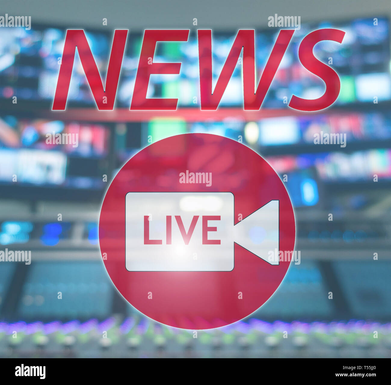 News Live. Broadcast Studio auf Luft. Media Sound, Radio und TV-Aufzeichnung auf Monitoren verschwommenen Hintergrund. Stockfoto
