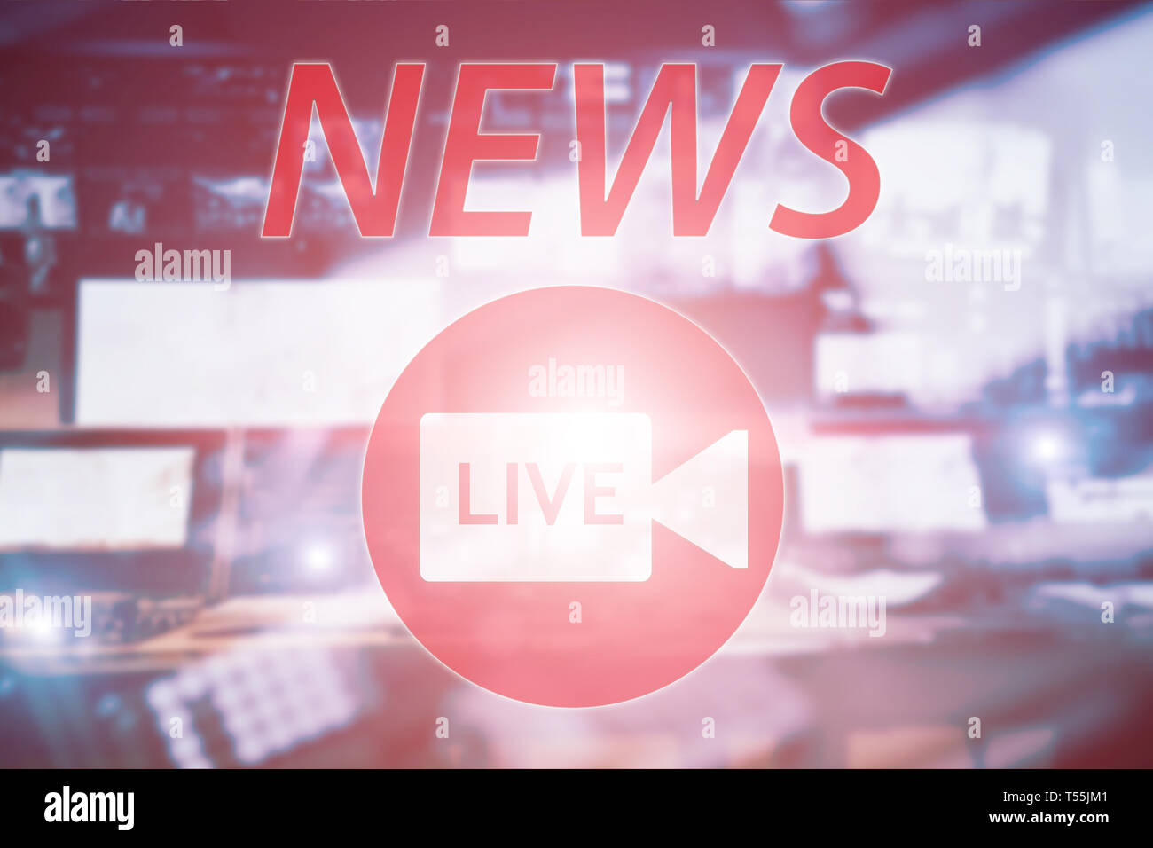 News Live. Broadcast Studio auf Luft. Media Sound, Radio und TV-Aufzeichnung auf Monitoren verschwommenen Hintergrund. Stockfoto