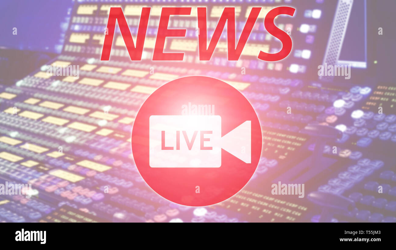 Hintergrund Bildschirmschoner auf Breaking News. Breaking News modernes Konzept. TV-Logo. Inschrift leben Nachrichten auf Professional Audio Panel, verschwommenen Hintergrund Stockfoto