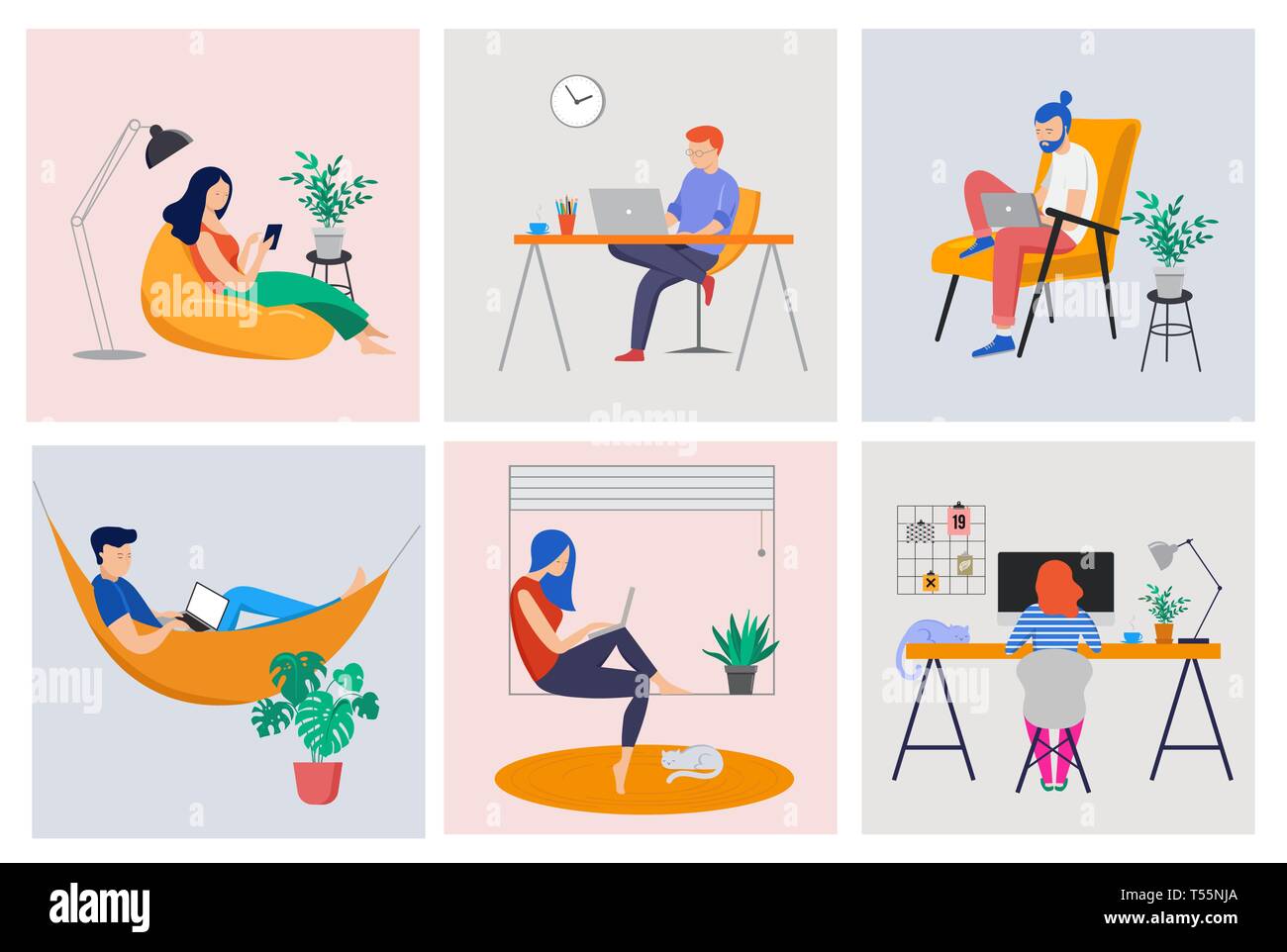 Arbeiten von zu Hause, Coworking Space, Konzept Abbildung. Junge Menschen, Mann und Frau, freie Mitarbeiter von zu Hause aus arbeiten. Vektor Flat Style Abbildung Stock Vektor