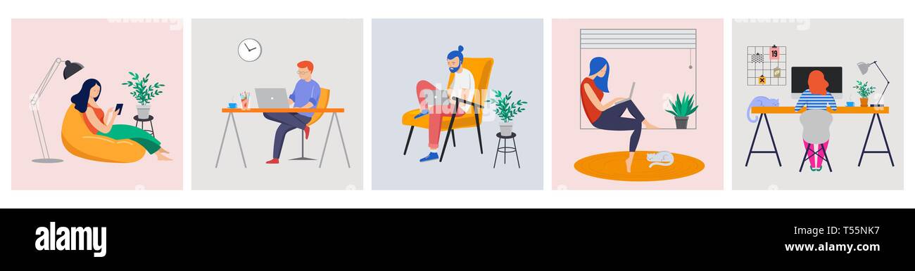 Arbeiten von zu Hause, Coworking Space, Konzept Abbildung. Junge Menschen, Mann und Frau, freie Mitarbeiter von zu Hause aus arbeiten. Vektor Flat Style Abbildung Stock Vektor