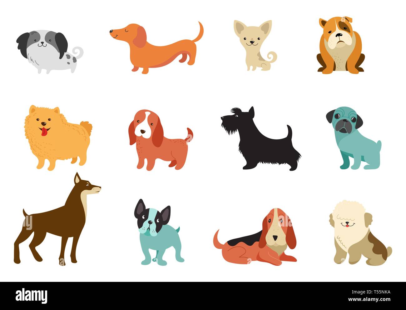 Hunde - Sammlung von Vektorgrafiken. Lustige Cartoons, verschiedene Hunderassen, flacher Stil Stock Vektor