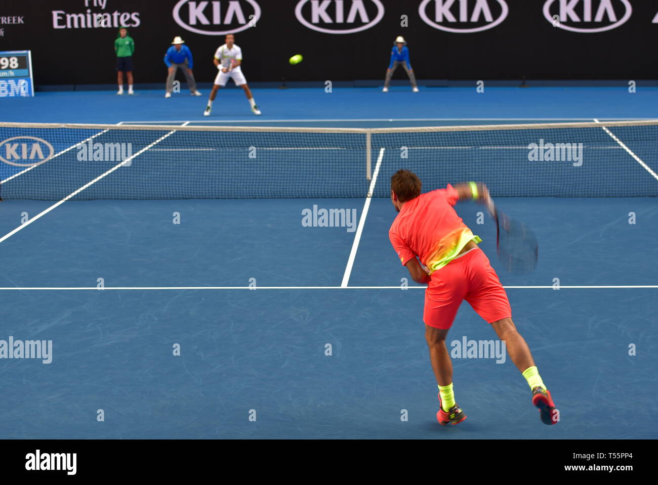 Stan Wawrinka, ein Schweizer Profi-Tennisspieler, spielte bei den Australian Open 2016 im australischen Melbourne Stockfoto