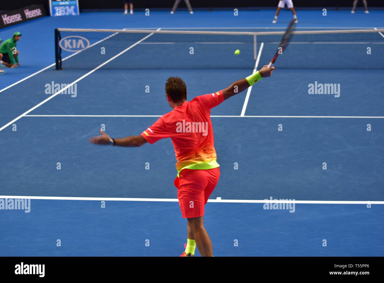 Stan Wawrinka, ein Schweizer Profi-Tennisspieler, spielte bei den Australian Open 2016 im australischen Melbourne Stockfoto
