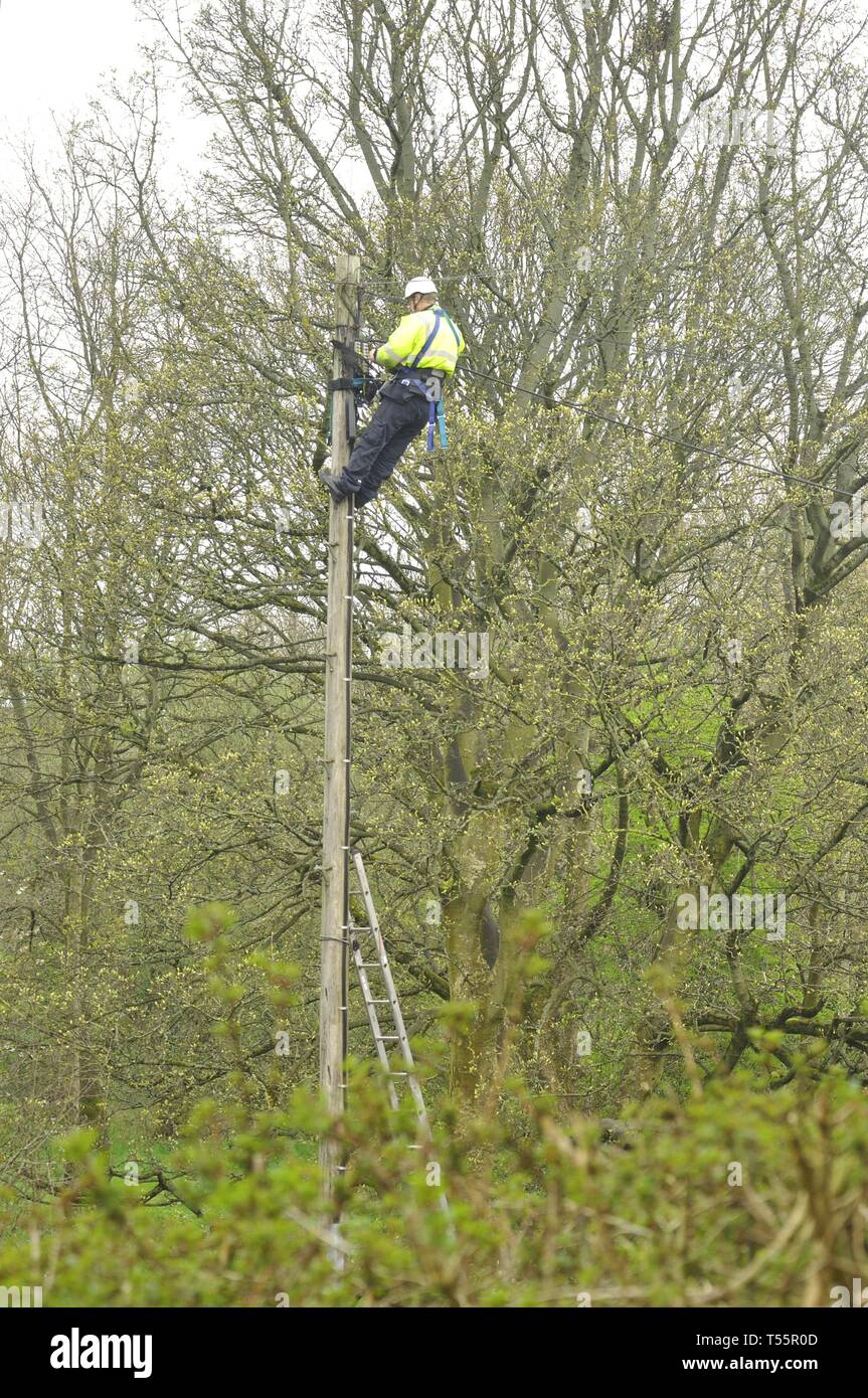 Openreach Engineer arbeiten Telefonmast Stockfoto