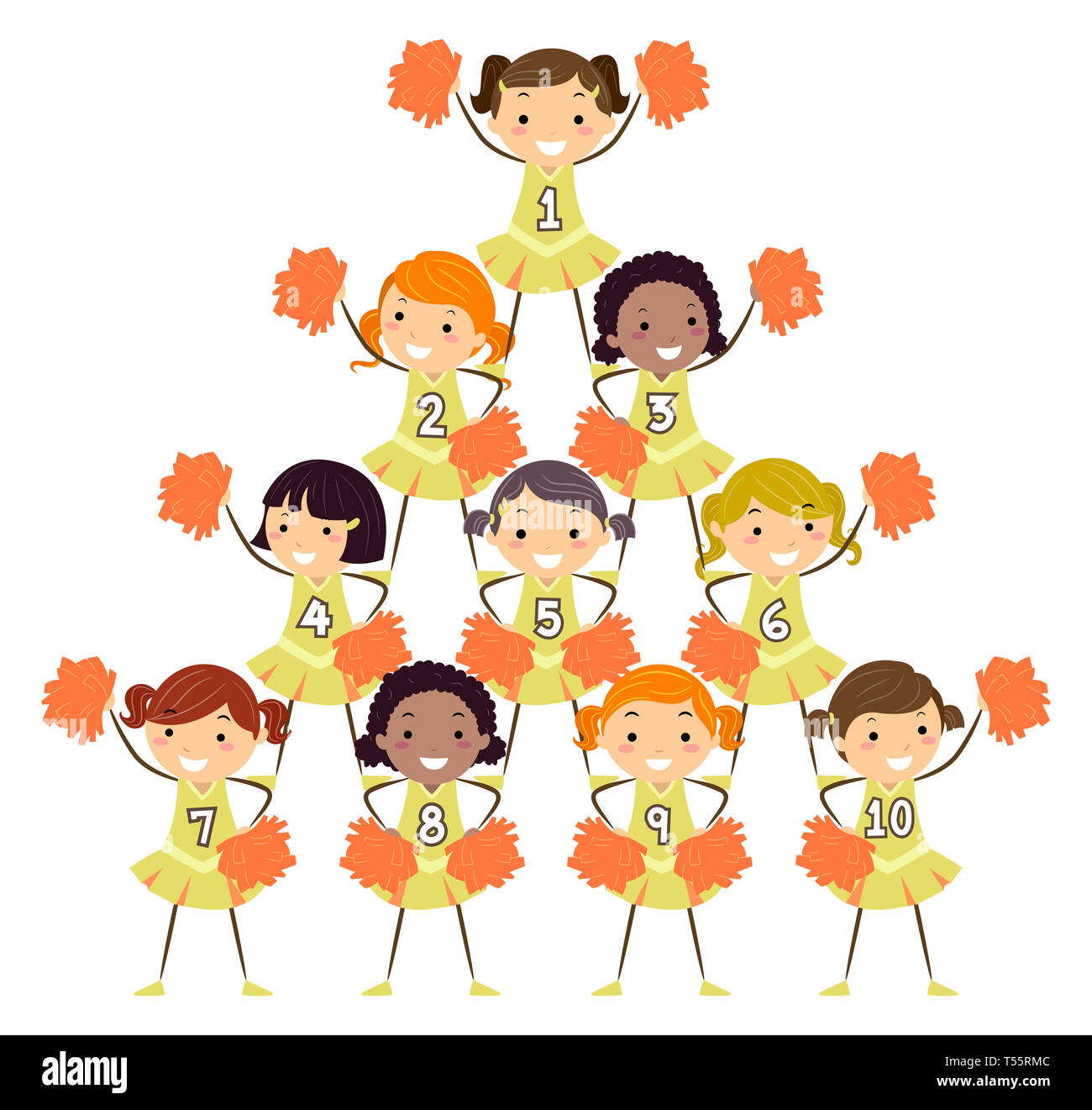 Abbildung: Stickman Kinder Jubeln führenden Mädchen tun, eine Pyramide Stunt mit Zahlen von eins bis zehn Stockfoto