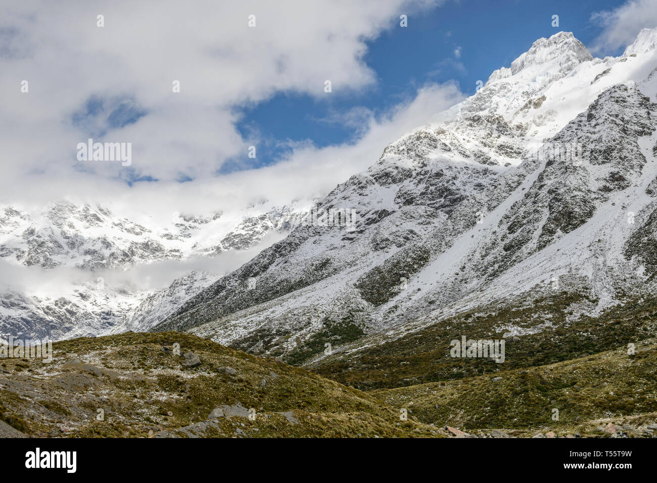 Schneebedeckte Berge im Mount Cook National Park, Neuseeland Stockfoto