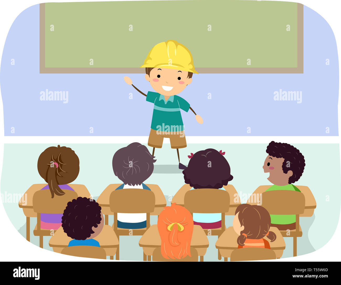 Abbildung: Stickman Kinder hören auf ihre Mitschüler tragen eine gelbe Bau Schutzhelm in der Klasse Stockfoto