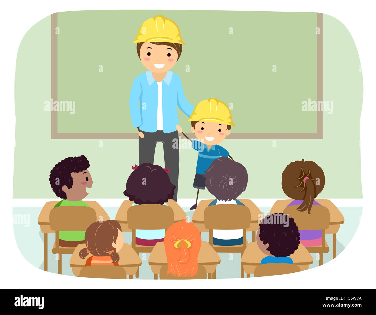Abbildung: Stickman Kinder mit Vater und Kind im Klassenzimmer tragen gelbe Bau Schutzhelm Stockfoto