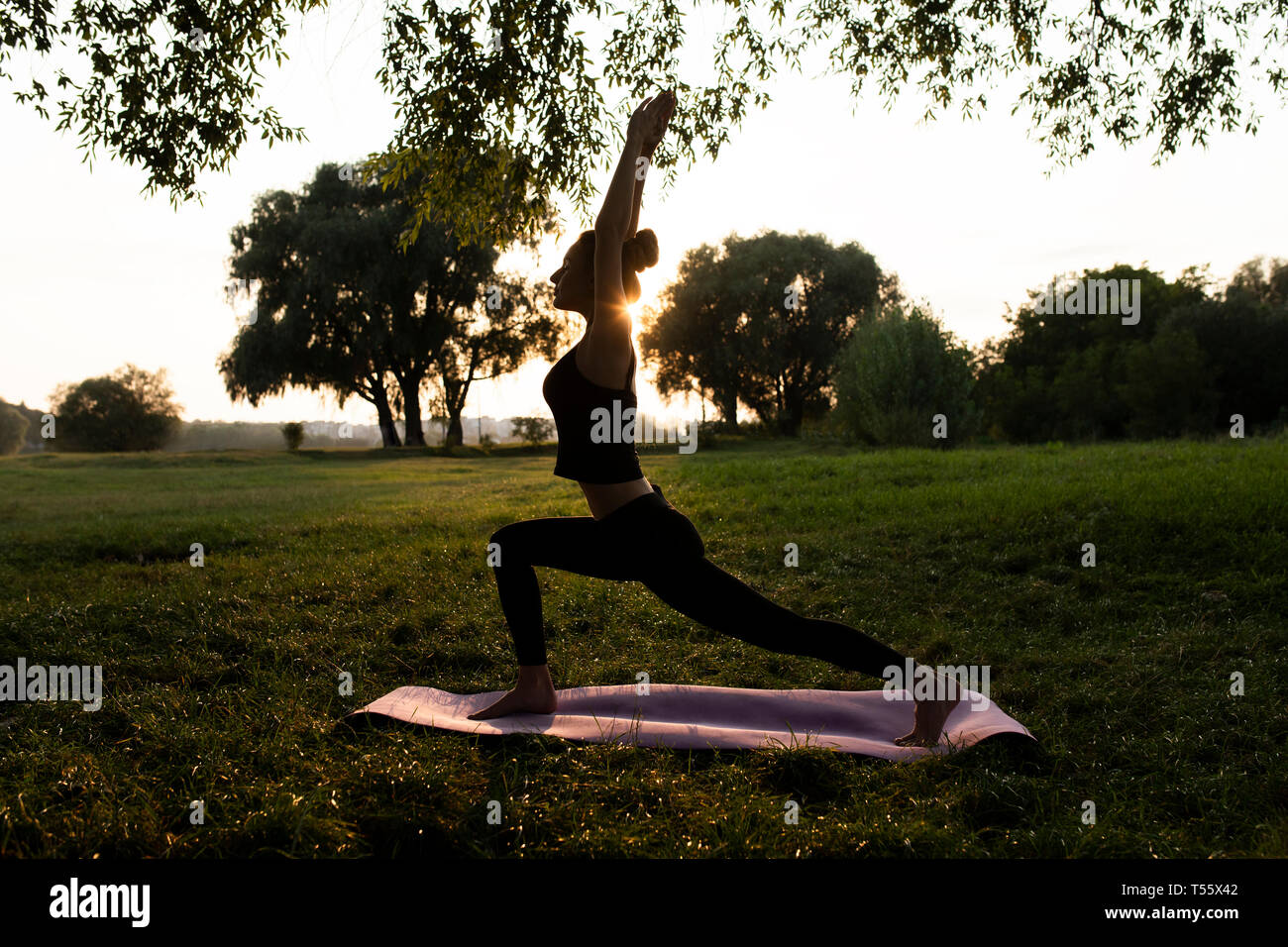 Junge Frau mit Yoga im Park bei Sonnenuntergang Stockfoto