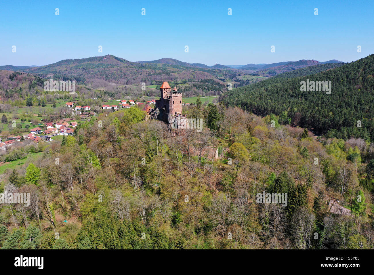 Luftaufnahme der Burg Berwartstein, mittelalterliche Räuber Ritterburg am Dorf Erlenbach bei Dahn, Wasgau, Rheinland-Pfalz, Deutschland Stockfoto