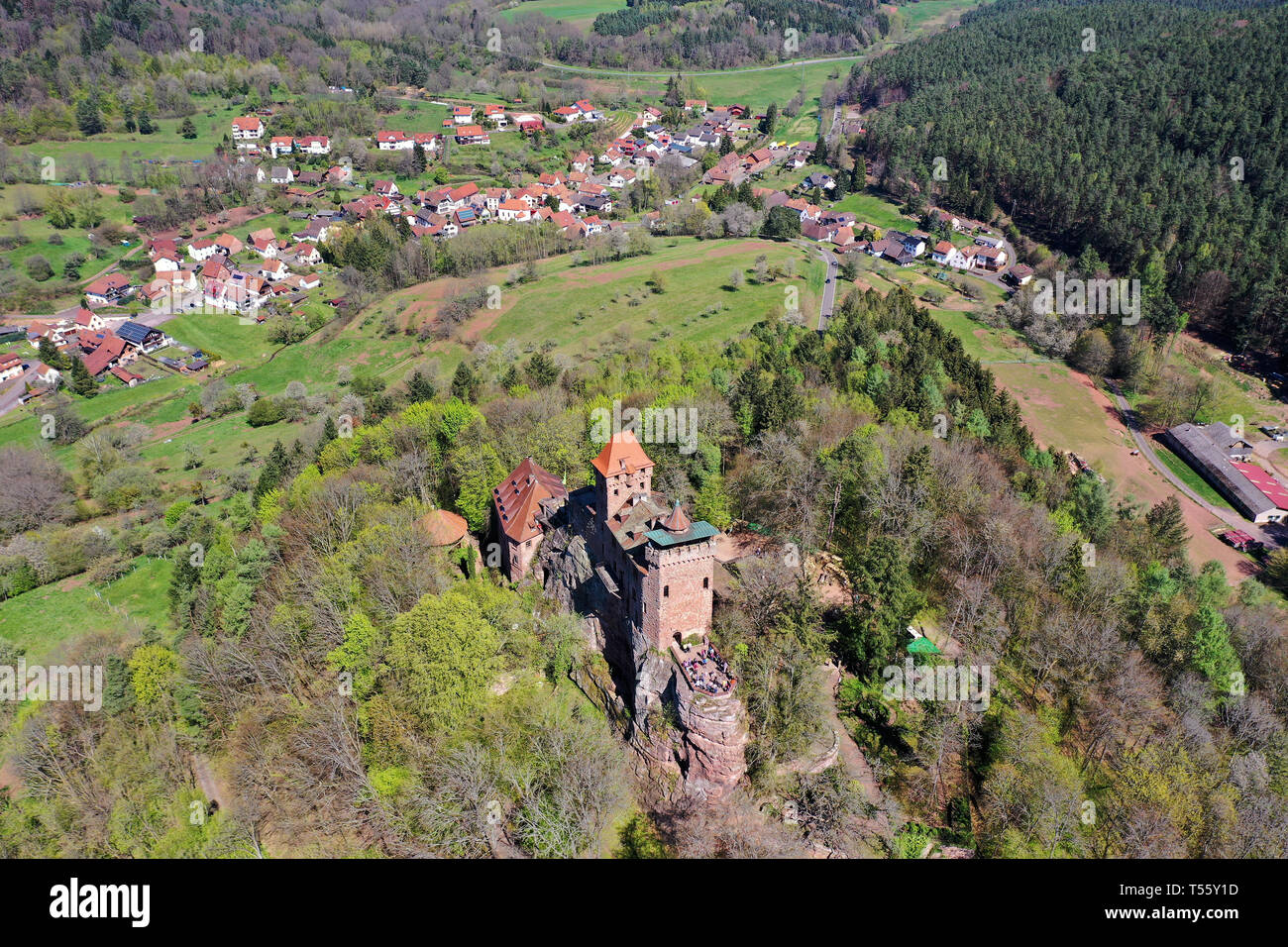 Luftaufnahme der Burg Berwartstein, mittelalterliche Räuber Ritterburg am Dorf Erlenbach bei Dahn, Wasgau, Rheinland-Pfalz, Deutschland Stockfoto