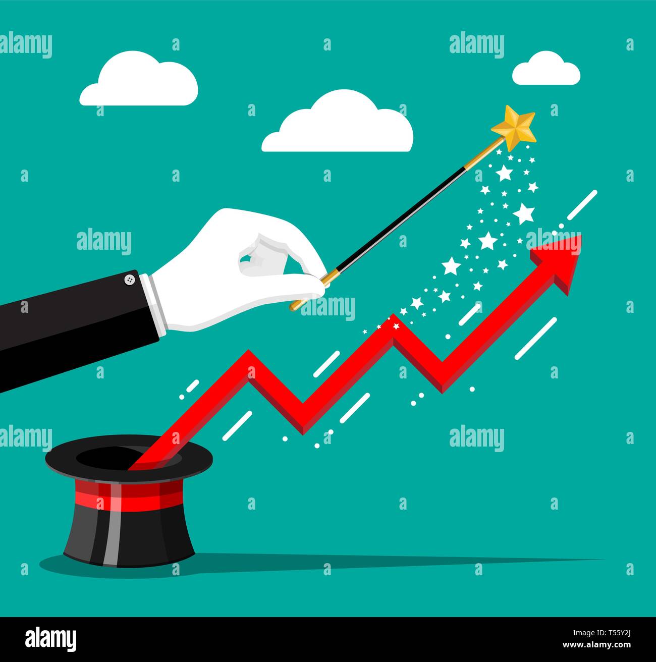 Finanzielle graph Fliegen aus magischen Hut und Hand mit Zauberstab. Wachstum, Einkommen, Ersparnisse, Investitionen. Symbol für Reichtum. Den geschäftlichen Erfolg. Flache styl Stock Vektor