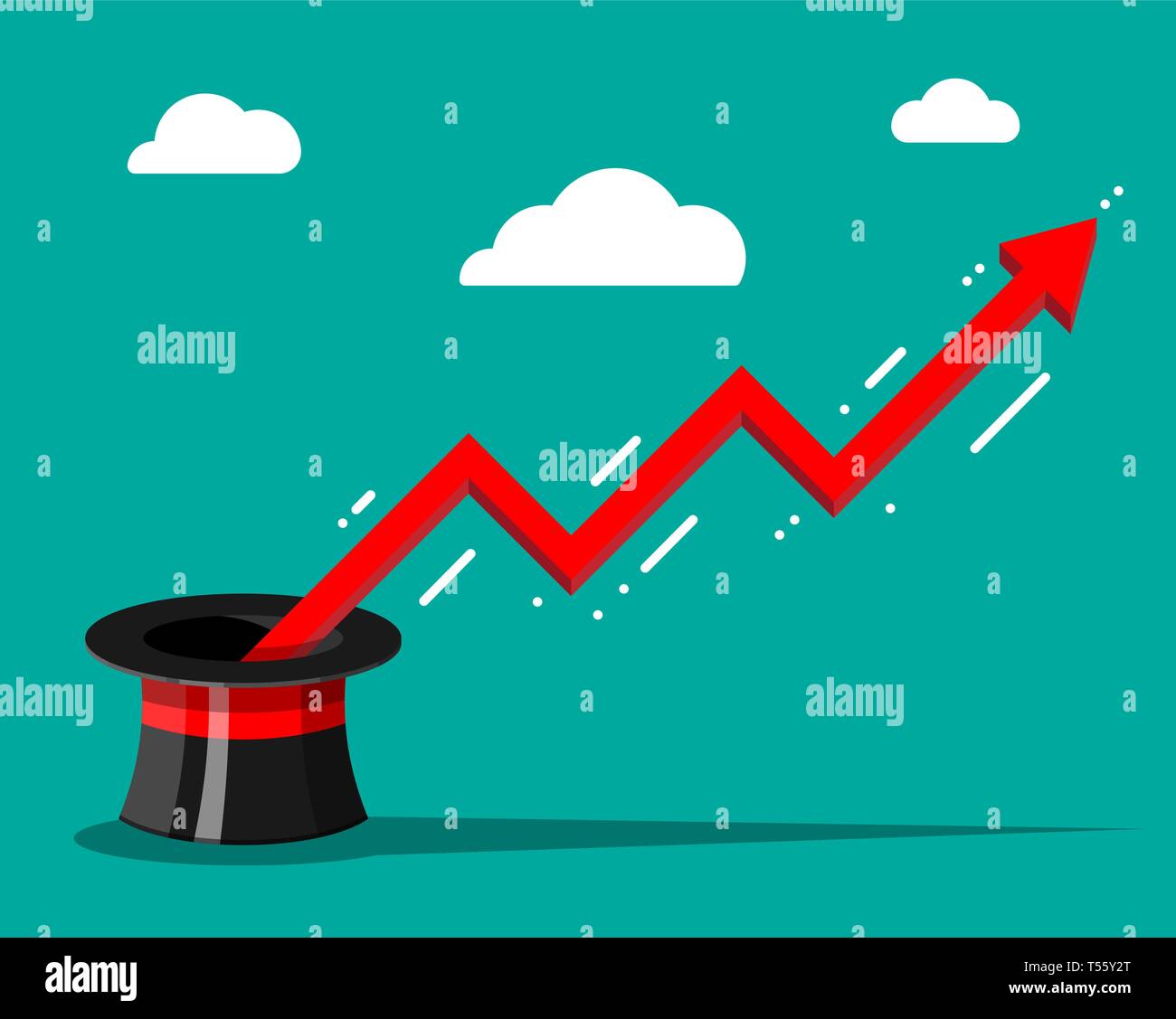 Finanzielle graph Fliegen aus magischen Hut und Hand mit Zauberstab. Wachstum, Einkommen, Ersparnisse, Investitionen. Symbol für Reichtum. Den geschäftlichen Erfolg. Flache styl Stock Vektor